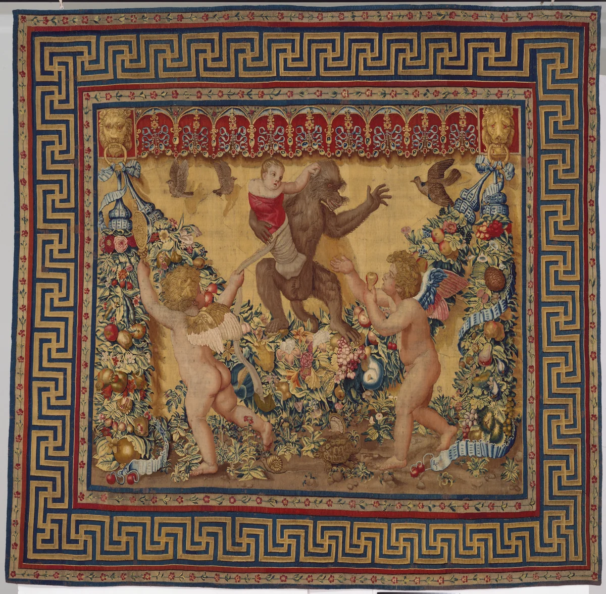 Two Putti Trying To Stop a Monkey Abducting a Child from a set of the Giochi di Putti by Giovanni da Udine, textile, 1630-1640