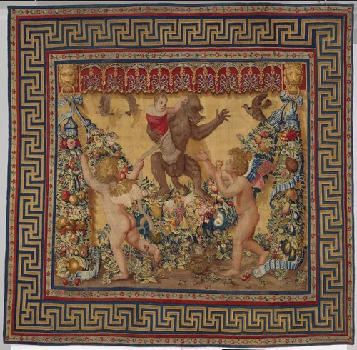 Two Putti Trying To Stop a Monkey Abducting a Child from a set of the Giochi di Putti by Giovanni da Udine, textile, 1630-1640