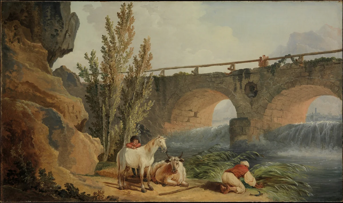 Bridge over a Cascade by Hubert Robert, painting, 1753-1808