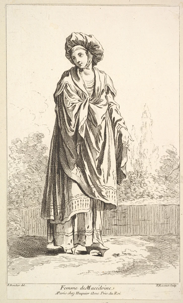 Femme de Macédoine, plate 12 from "Recueil de diverses fig.res étrangeres Inventées par F. Boucher P.tre du Roy et Gravées par F. Ravenet" (Collection of Various Foreign Figures, Devised by F. Boucher, Painter of the King and Engraved [etched] by F. Ravenet) by Simon Ravenet, print, 1710-1772