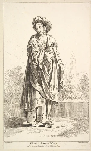 Femme de Macédoine, plate 12 from "Recueil de diverses fig.res étrangeres Inventées par F. Boucher P.tre du Roy et Gravées par F. Ravenet" (Collection of Various Foreign Figures, Devised by F. Boucher, Painter of the King and Engraved [etched] by F. Ravenet) by Simon Ravenet, print, 1710-1772