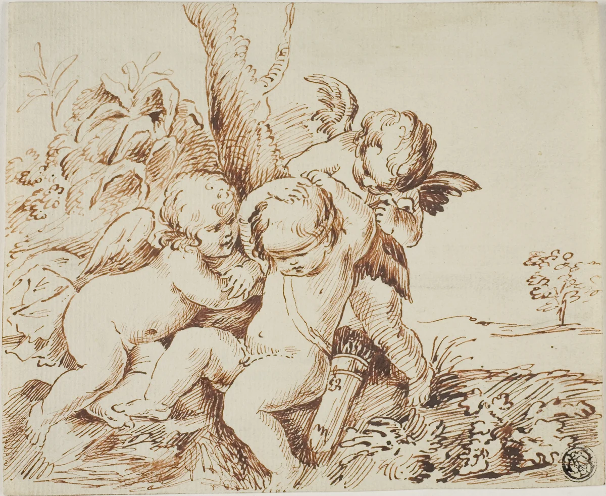 Two Putti Blindfolding a Third by Guido Reni, drawing, 1595-1642