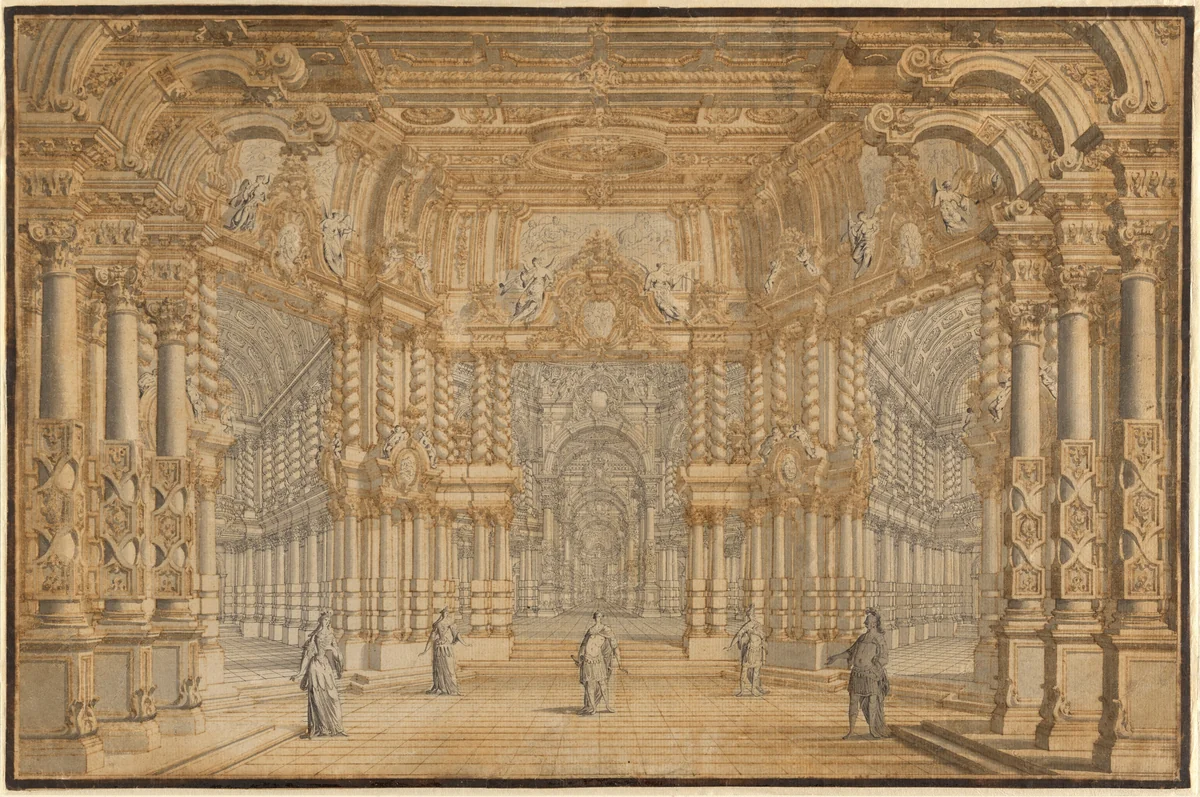 A Stage Design for an Opera with Actors by Giuseppe Galli Bibiena, drawing, 1700-1800