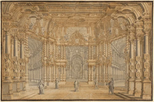 A Stage Design for an Opera with Actors by Giuseppe Galli Bibiena, drawing, 1700-1800