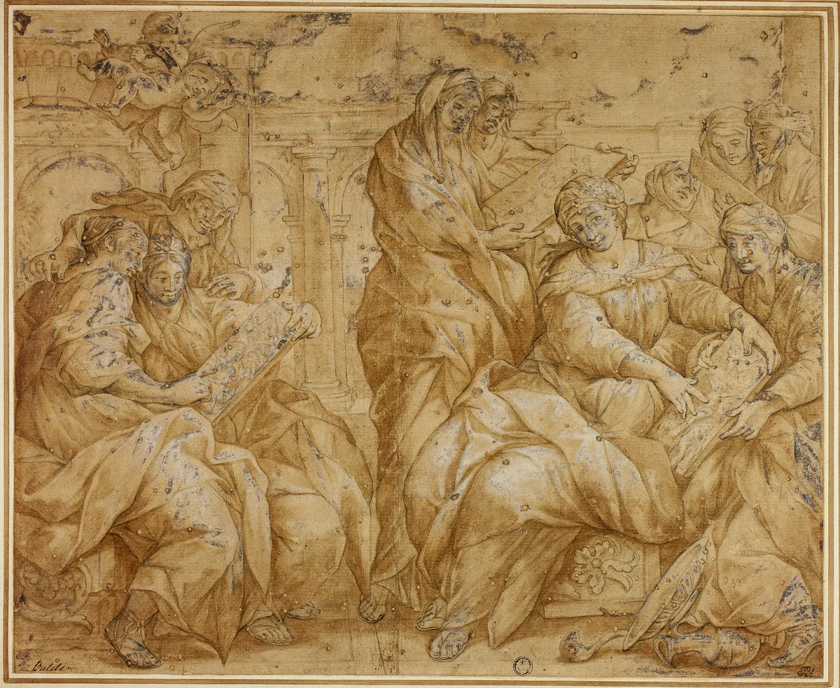 Women Looking at Religious Tablets by Lazzaro Baldi, drawing, 1644-1703