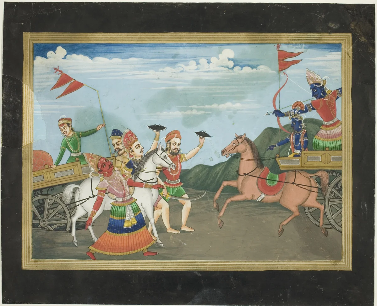 Arjuna Slays Karna, page from a Mahabharata series by Nepal, painting, 1801-1900