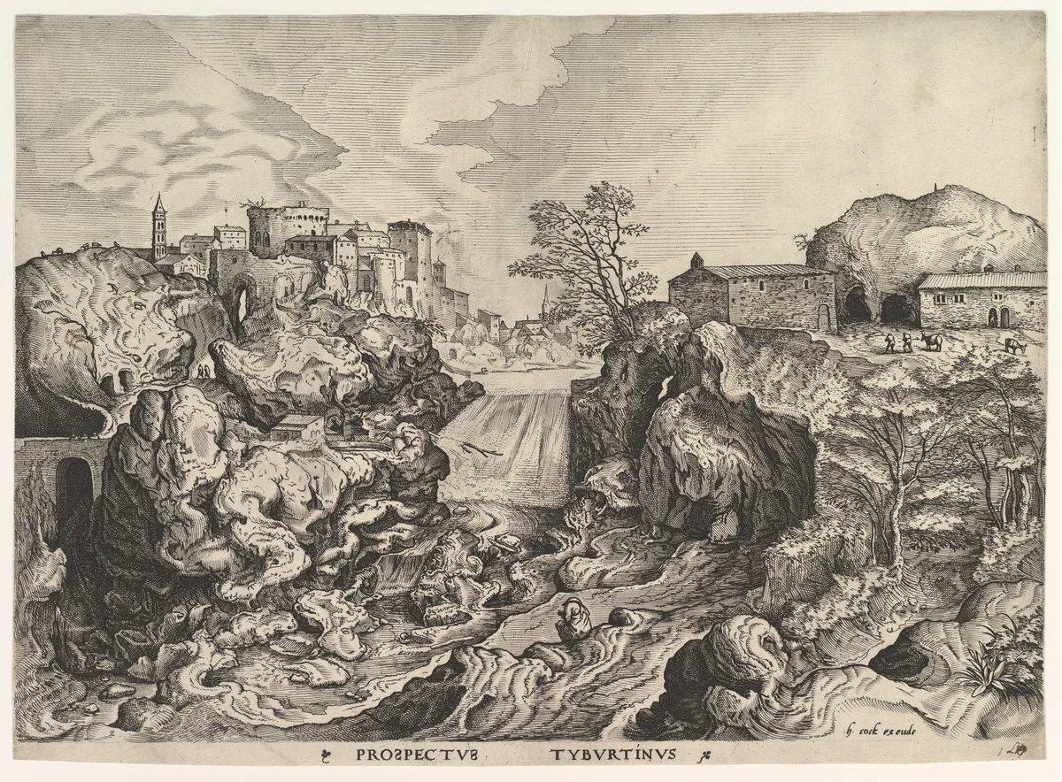 View of the Tiber (Tivoli) (Prospectus Tyburtinus), from "The Large Landscapes" by Johannes van Doetecum, print, 1550-1560