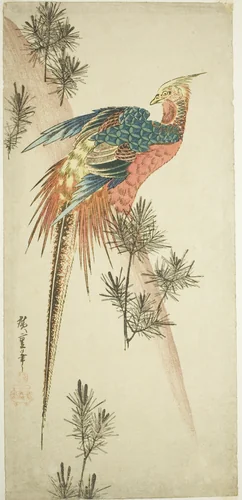 Golden pheasant and pine shoots in snow by Utagawa Hiroshige (歌川広重), print, 1828-1838