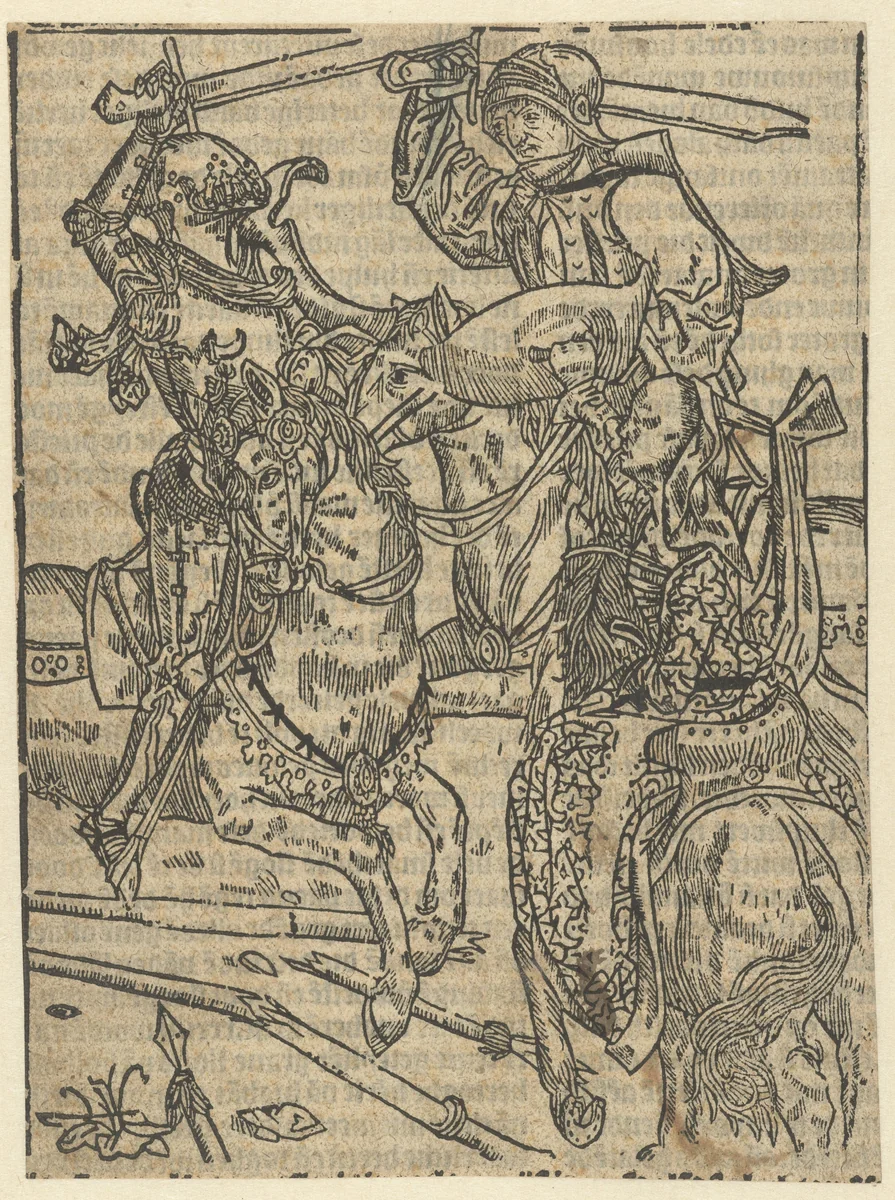 Gevecht tussen twee ridders te paard by anonymous, print, 1517