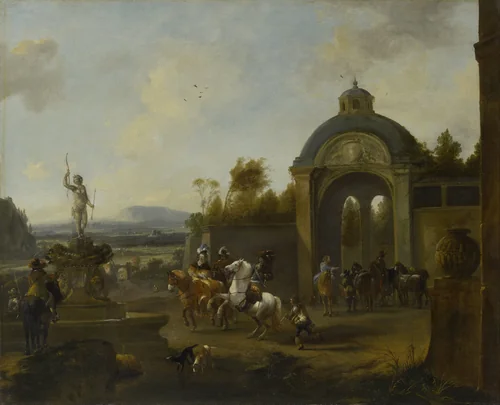 Hunting Party at a Fountain by Pieter Wouwerman, painting, 1660-1682