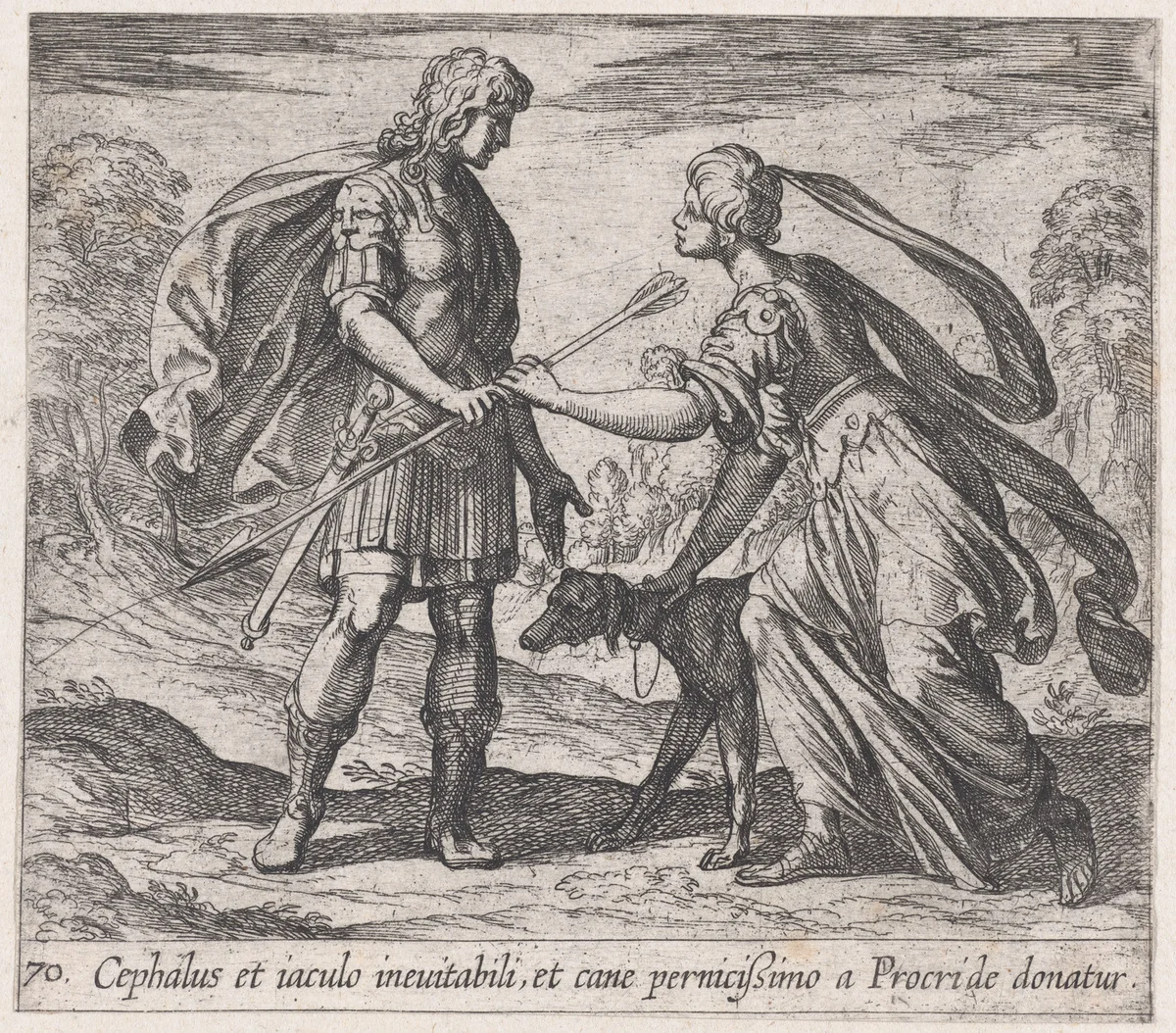 Pltae 70: Procris Giving Cephalus a Dog and a Javelin (Cephalus et iaculo inevitabili, et cane pernicißimo a Procride donatur), from Ovid's 'Metamorphoses' by Antonio Tempesta, print, 1606