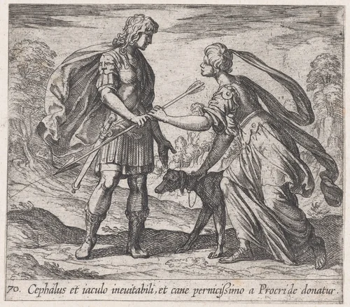 Pltae 70: Procris Giving Cephalus a Dog and a Javelin (Cephalus et iaculo inevitabili, et cane pernicißimo a Procride donatur), from Ovid's 'Metamorphoses' by Antonio Tempesta, print, 1606