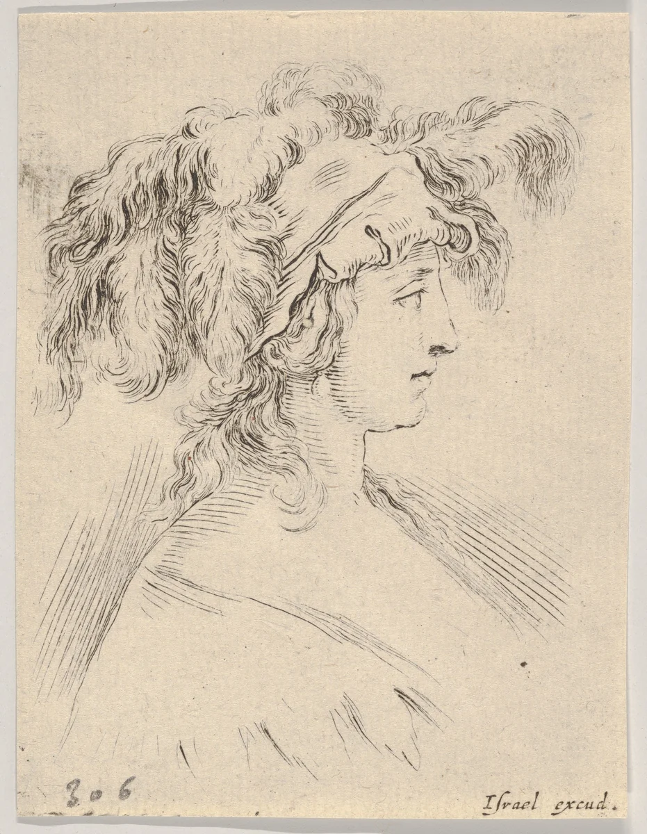 Plate 15: Mid-bust of a young woman in profile wearing a hat topped with feathers, from "The Book for Learning to Draw" (Livre pour apprendre à dessiner) by Stefano della Bella, print, 1647-1652