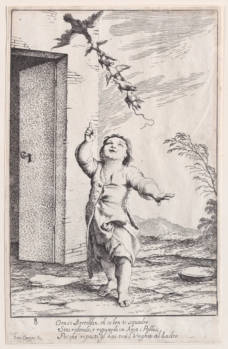 Plate 13: Bertoldino with birds carried off by a kite, from "Bertoldo, Bertoldino, and Cacasenno" by Giuseppe Maria Crespi, print, 1705-1715