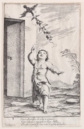 Plate 13: Bertoldino with birds carried off by a kite, from "Bertoldo, Bertoldino, and Cacasenno" by Giuseppe Maria Crespi, print, 1705-1715