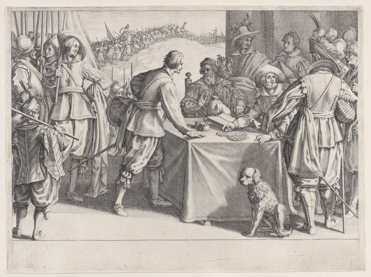L'Enrolement des Troupes (The Enlistment of Troops), from "La Vie de Ferdinand Ier de Médicis série appelée aussi Les Batailles des Médicis" (The Life of Ferdinand I de'Medici also called The Medici Battles) by Jacques Callot, print, 1614-1620