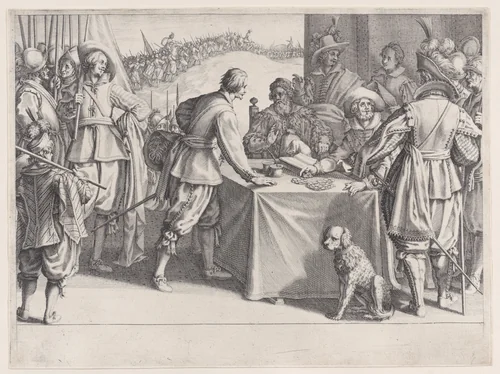L'Enrolement des Troupes (The Enlistment of Troops), from "La Vie de Ferdinand Ier de Médicis série appelée aussi Les Batailles des Médicis" (The Life of Ferdinand I de'Medici also called The Medici Battles) by Jacques Callot, print, 1614-1620