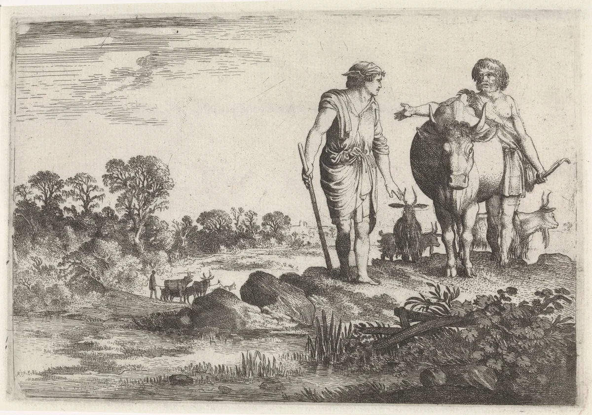 Argus vraagt Mercurius bij hem te blijven by Moyses van Wtenbrouck, print, 1618-1628