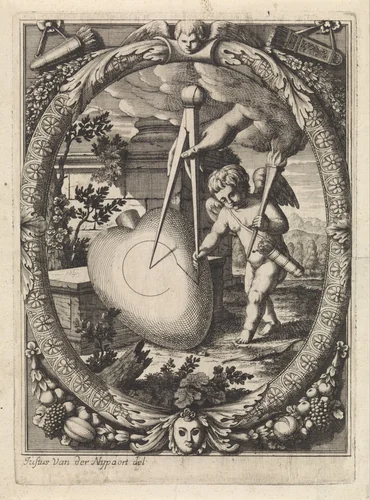 Amor bestuurt de passer by Justus van den Nijpoort, print, 1635-1692