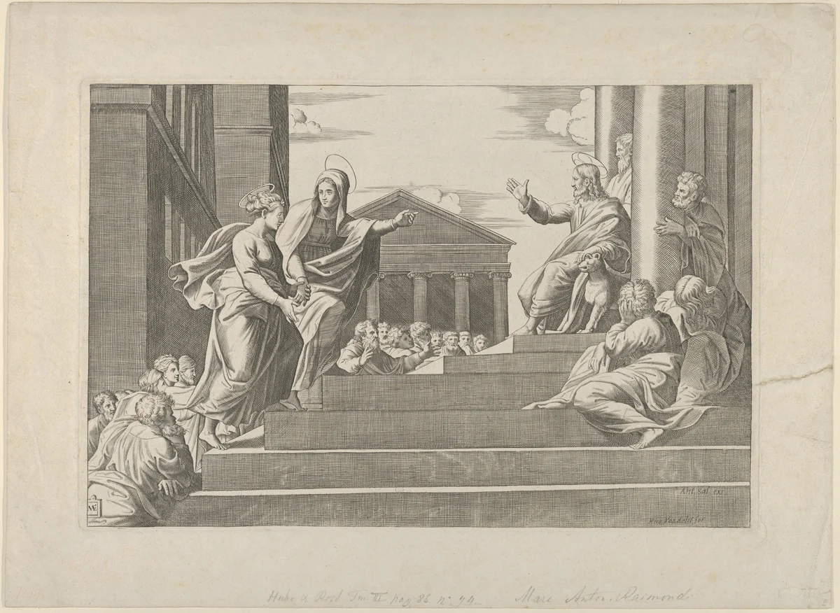 Martha leading Mary Magdalene up a flight of stairs to Christ who is seated at right at the entrance to a temple by anonymous, print, 1525-1535
