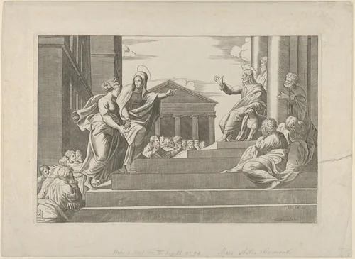 Martha leading Mary Magdalene up a flight of stairs to Christ who is seated at right at the entrance to a temple by anonymous, print, 1525-1535