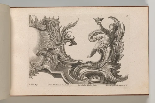 Design for a Rocaille Cartouche with the Figure of a Putto, Plate 3 from an untitled series with architectural cartouches and allegorical figures by Jacob Gottlieb Thelot, book, 1745-1755