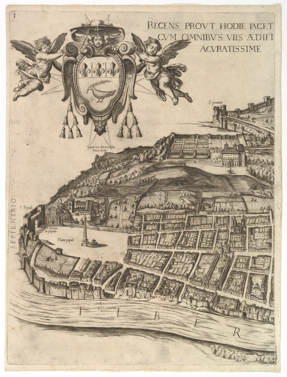 Plan of the City of Rome. Part 1 showing the Villa Medici and Piazza del Popolo by Antonio Tempesta, print, 1645