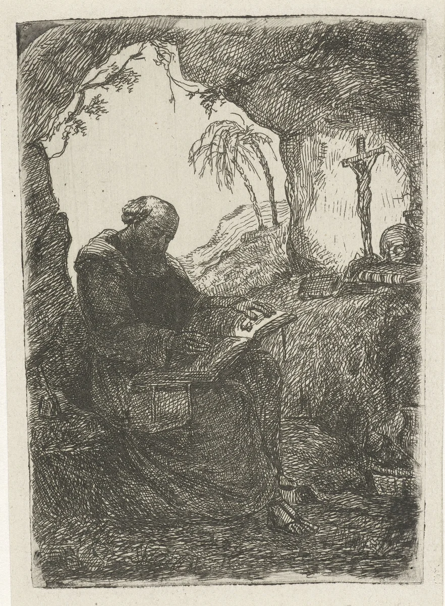 Monnik in een grot by David van der Kellen, print, 1814-1859