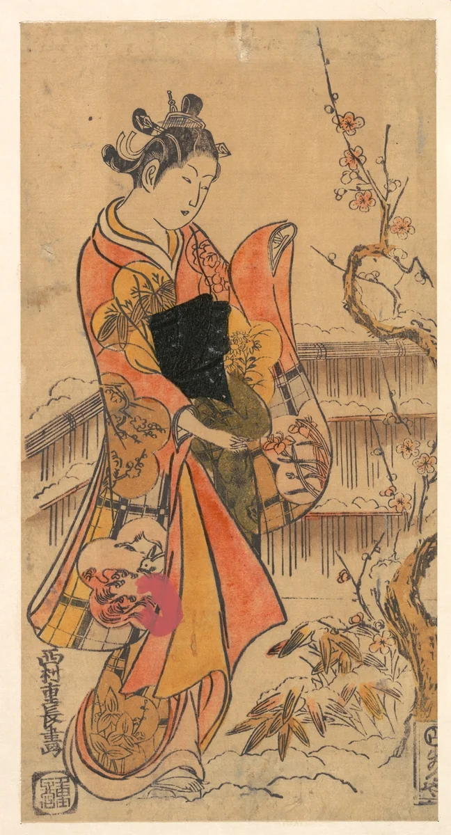 A Young Lady in a Garden by Nishimura Shigenaga, print, 1697-1756