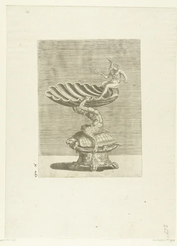 Schaal in de vorm van een schelp, gedragen door een sater die op een schildpad zit by Balthazar van den Bos, print, 1548