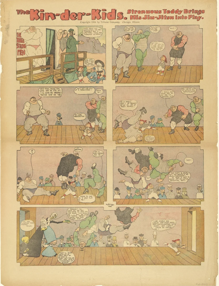 The Kin-der-Kids: Strenuous Teddy Brings his Jiu-Jitsu into Play from The Chicago Sunday Tribune by Lyonel Feininger, print, 1906
