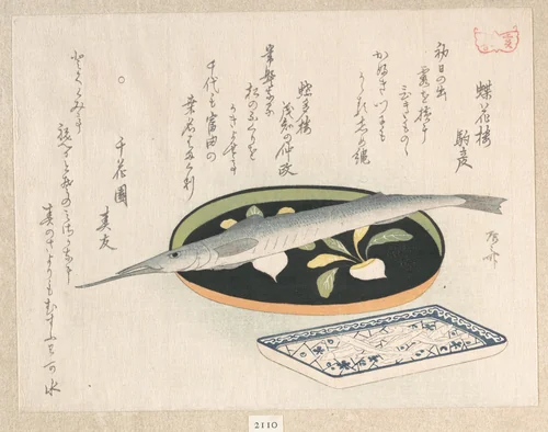 Halfbeak on a Lacquer Tray and White Baits on a Dish by Ryūryūkyo Shinsai (柳々居辰斎), print, 1815