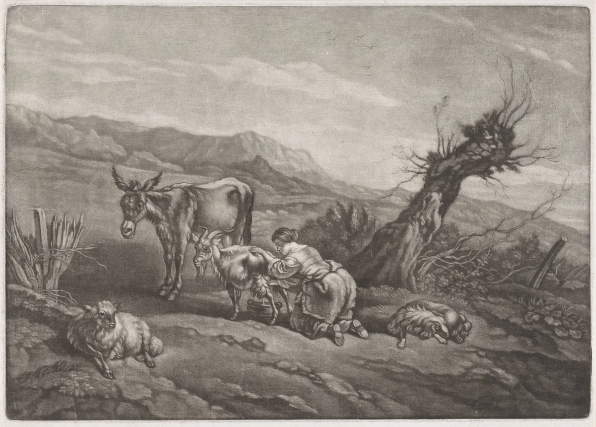 Landschap met een herderin die een geit melkt by anonymous, print, 1650-1800