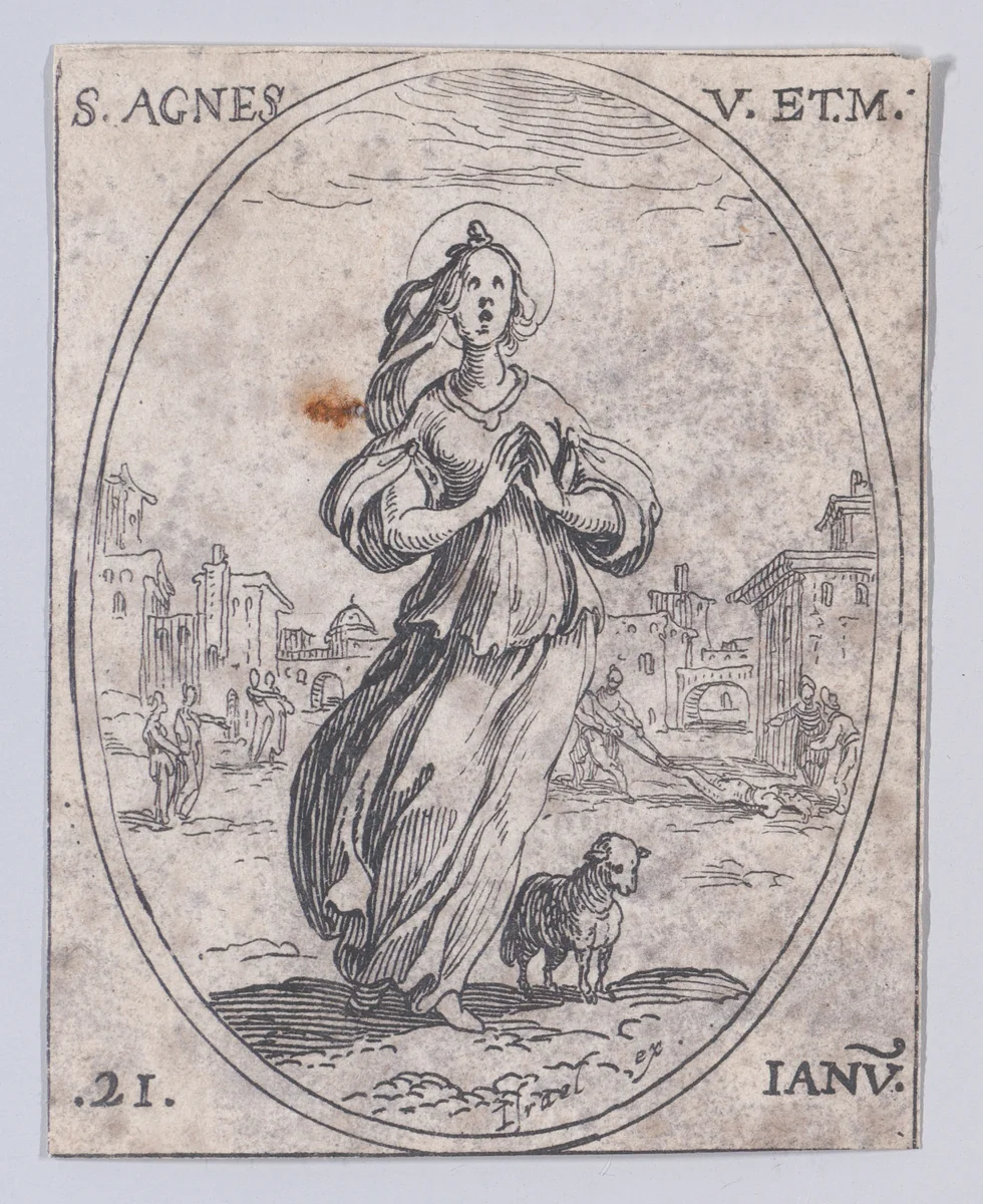 Ste. Agnés, vierge et martyre (St. Agnes, Virgin and Martyr), January 21st, from "Les Images De Tous Les Saincts et Saintes de L'Année" (Images of All of the Saints and Feast Days of the Year) by Jacques Callot, print, 1636