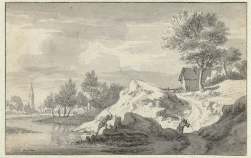 Landscape with Figures Chopping Wood on the Banks of a River by Jan van Aken, drawing, 1652