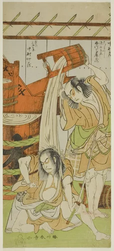 The Actors Ichikawa Komazo II as Satsuma Gengobei (right), and Nakamura Nakazo I as Sasano Sangobei (left) by Katsukawa Shunsho (勝川 春章), print, 1766-1776