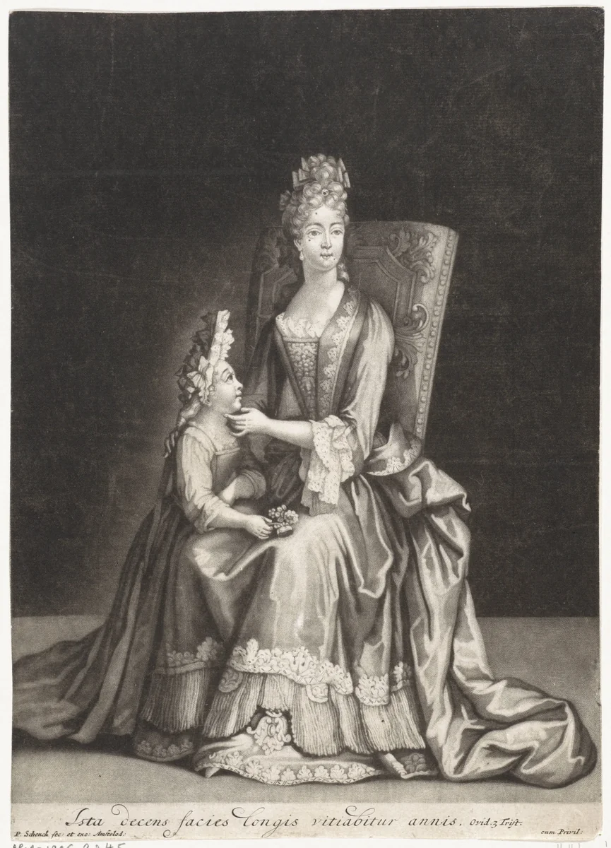 Vrouw zittend op een stoel met naast haar een jong meisje by Pieter Schenk, print, 1670-1713