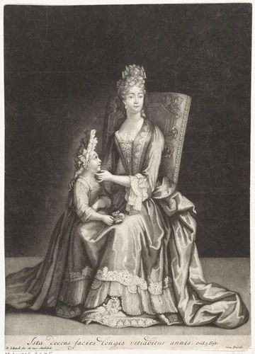 Vrouw zittend op een stoel met naast haar een jong meisje by Pieter Schenk, print, 1670-1713