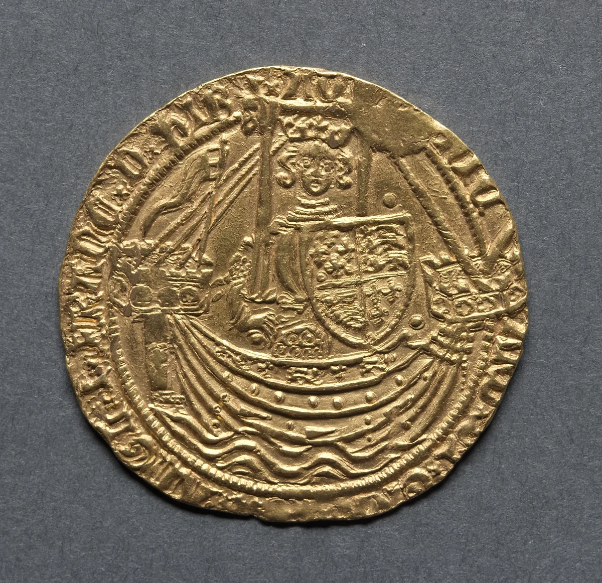 Noble: Richard II Standing on Ship with Shield of Arms (obverse) by Unknown, metalwork, 1377-1399