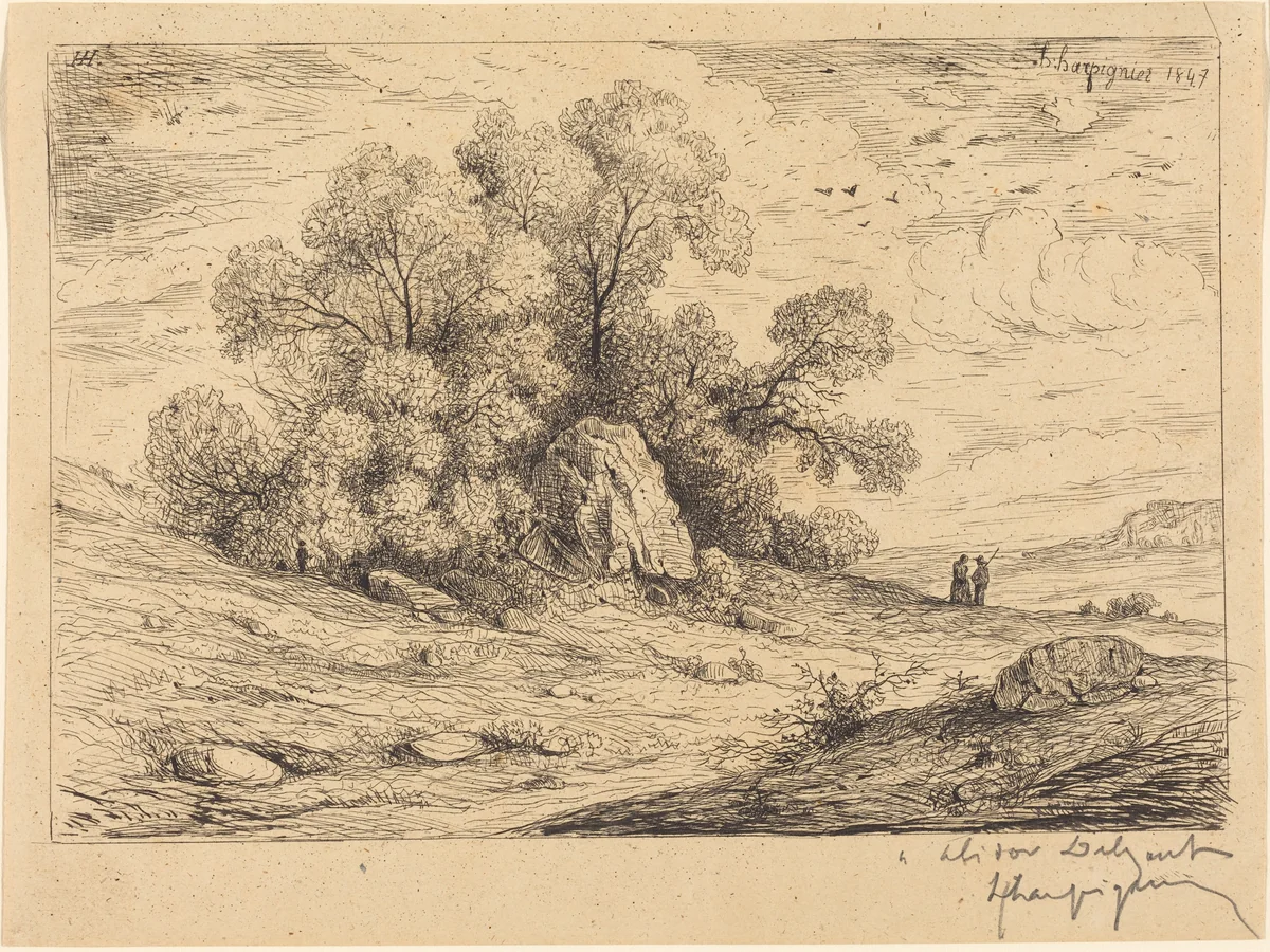 Bouquet d'arbres aux rochers (Stand of Trees with Rocks) by Henri Joseph Harpignies, print, 1847