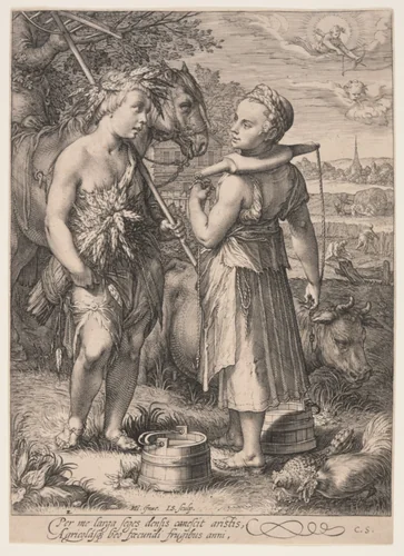 Summer (Boy with Sheaf of Wheat and Girl Wearing a Yoke), from The Four Seasons by Jan Saenredam, print, 1601
