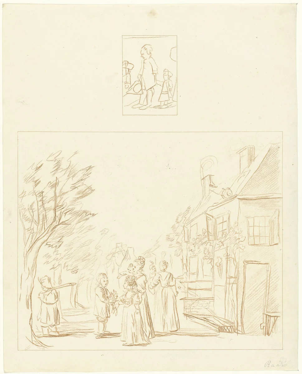 Jongetje met klein kindje / Twee moeders en vijf kinderen bij buitenhuis by Cornelis Ploos van Amstel, print, 1736-1798