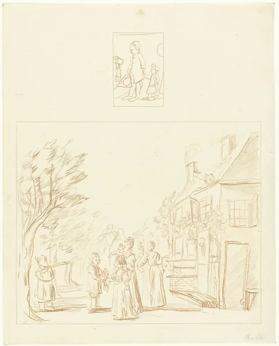 Jongetje met klein kindje / Twee moeders en vijf kinderen bij buitenhuis by Cornelis Ploos van Amstel, print, 1736-1798