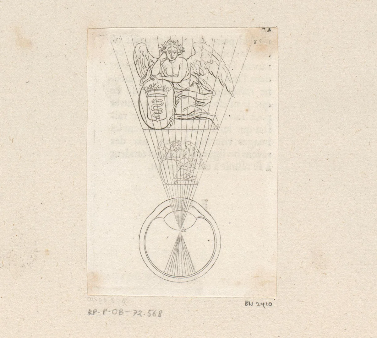 Weergave op retina van engel leunend op wapenschild by Sébastien Leclerc, print, 1679