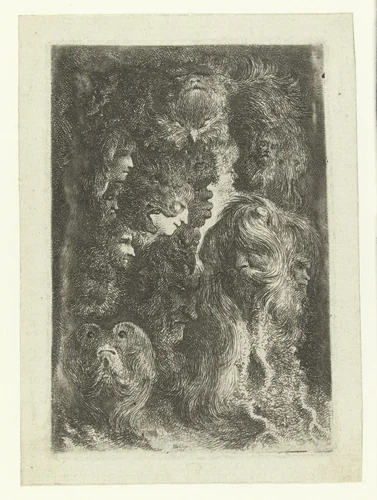 Veertien verschillende koppen van mannen, vrouwen, dieren en mascarons by Bartholomeus Breenbergh, print, 1638