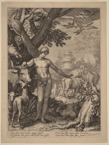 Adam Naming the Animals by Jan Pietersz Saenredam; Abraham Bloemaert, print, 1604