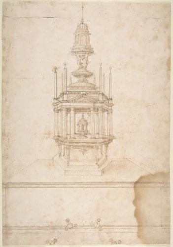 Design for an Polygonal Tabernacle, with Obelisks and a Pediment Surmounted by Three Figures Supporting a Tempietto-like Structure by Galeazzo Alessi, drawing, 1512-1572