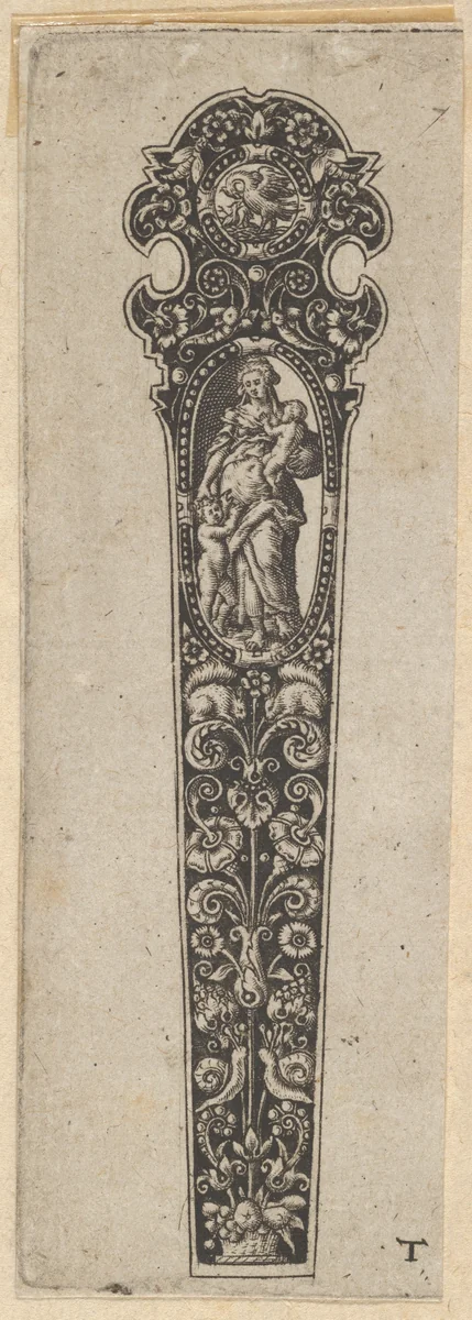 Design for a Knife Handle with the Personification of Charity by Johann Theodor de Bry, print, 1580-1600
