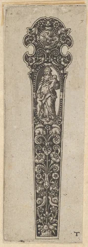 Design for a Knife Handle with the Personification of Charity by Johann Theodor de Bry, print, 1580-1600