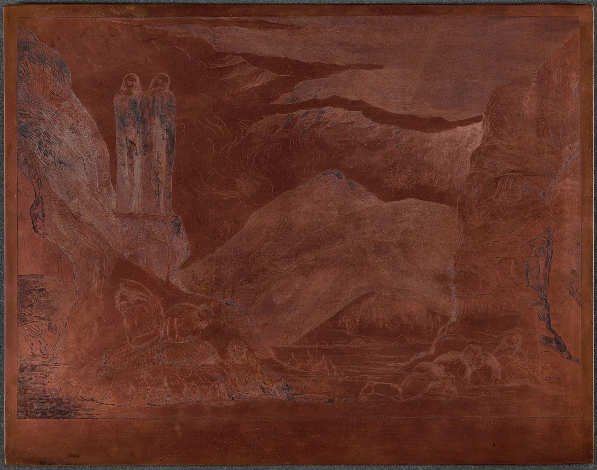 The Circle of the Falsifiers: Dante and Virgil Covering their Noses because of the st by William Blake, technical material, 1827
